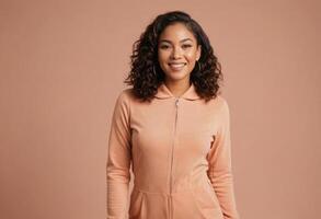 AI Generated A smiling woman with curly hair dressed in a zip-up peach hoodie, presenting a casual yet elegant look. photo