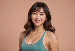 AI Generated An athletic woman in a teal tank top smiles warmly, showcasing a healthy lifestyle. The peach backdrop highlights her vibrant persona. photo