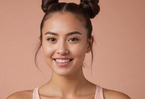 AI Generated A cheerful woman with stylish double buns hairstyle smiles brightly, her face expressing pure joy and positivity. photo