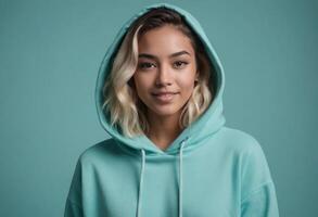 AI Generated A young woman in a turquoise hoodie exudes a relaxed and modern vibe, her casual look perfect for a laid-back style. photo