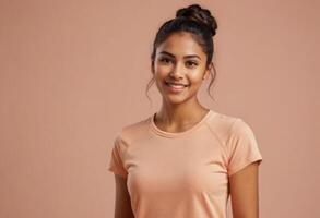 ai generado un sonriente mujer en un casual melocotón camiseta, su pelo estilizado en un medio recogido, dando apagado un relajado y accesible onda. foto