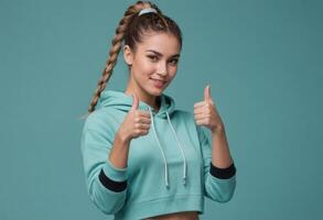 AI Generated A young woman in a teal hoodie giving two thumbs up, her braided ponytail adding to the sporty vibe against a teal background. photo