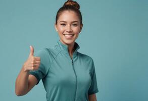 ai generado un radiante joven profesional en un verde azulado polo camisa da un Pulgares hacia arriba, su brillante sonrisa señalización confianza y accesibilidad. foto