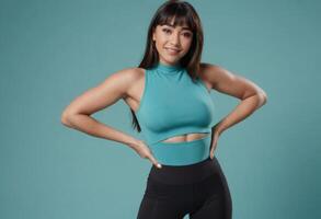 AI Generated A stylish woman poses in a cropped turquoise top and black leggings, her hands on her waist accentuating a fashionable gym look. photo