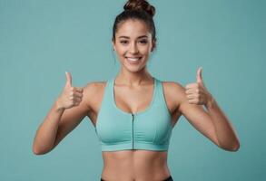 AI Generated A fit woman in a turquoise sports bra gives double thumbs-up, her upbeat attitude perfect for a motivational workout session. photo