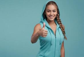 AI Generated A young woman in a teal zippered vest gives a thumbs up, her braided hair and bright smile suggesting enthusiasm and positivity. photo