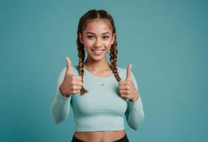 AI Generated A fit young woman with double braids making a thumbs-up gesture in sportswear. Her outfit and pose express a healthy active lifestyle. photo