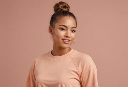 AI Generated An elegant woman in a peach sweatshirt sporting a topknot, looking poised and graceful with a soft gaze. photo