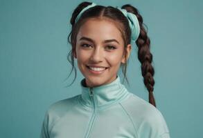 ai generado un alegre joven mujer con trenzado pelo estilizado en bollos, vistiendo un cuello alto deportivo parte superior en agua color, radiante positividad foto