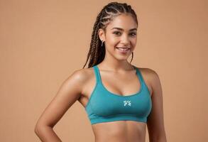 AI Generated A smiling young woman in a sports bra, posing with her hands on her hips. She projects strength and happiness in her athletic attire. photo