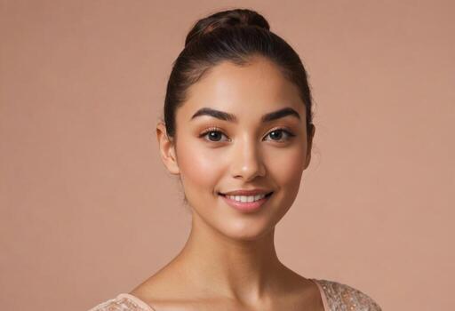AI Generated A serene young woman with an elegant bun and bare shoulders looking directly at the camera. Her expression is peaceful and inviting. photo
