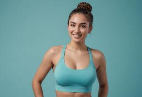 AI Generated A young woman with a top knot bun wearing a sports bra, hands on hips, exuding confidence and readiness for a workout. photo