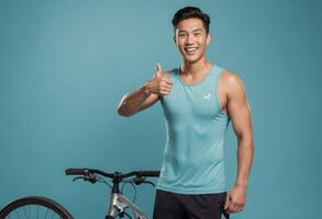 AI Generated A fit young man in a tank top with a bicycle in the background gives a thumbs up, indicating readiness for an active lifestyle. photo