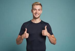 ai generado un joven hombre en un negro camiseta da dos pulgares arriba, su alegre expresión y doble gesto Rápido entusiasmo y confianza. foto