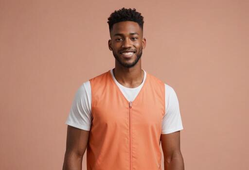 AI Generated A cheerful young man in an orange vest stands confidently in a studio setting, his bright smile lighting up the scene. His casual yet stylish look conveys a sense of approachability. photo
