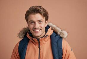 AI Generated A handsome man in a winter jacket with a fur hood and a backpack smiles warmly, showing a look that's perfect for adventurous cold days. photo