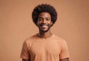 AI Generated A man with a warm smile and an afro hairstyle wears a simple t-shirt, standing against a plain background that highlights his relaxed demeanor. photo