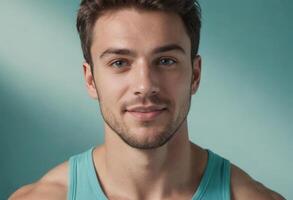 AI Generated A young man with a friendly smile and a light blue tank top looks ready for a casual workout or a relaxed day out. photo