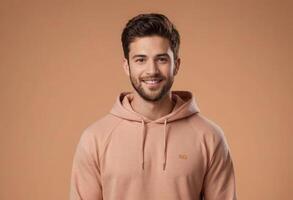 AI Generated A man with a well-groomed beard and a friendly smile wears a peach hoodie, presenting a casual and comfortable look. photo