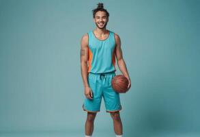 ai generado un atlético hombre en un verde azulado baloncesto uniforme sostiene un pelota, Listo para un juego, su postura exudando energía y alegría. foto