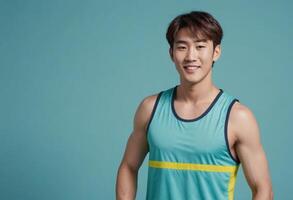 AI Generated A cheerful athletic man in a blue and yellow tank top smiles in front of a blue background, conveying energy and positivity. His friendly demeanor is inviting and warm. photo
