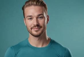 ai generado un contenido hombre con un ordenado barba y casual verde azulado camiseta vitrinas un relajado y simpático comportamiento. foto