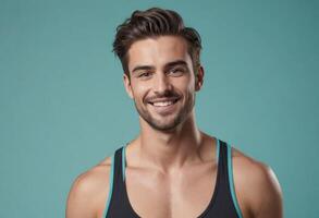 AI Generated A cheerful man with a well-groomed beard smiles warmly against a teal backdrop, wearing a casual tank top. His carefree vibe is contagious. photo