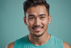 AI Generated A man in a teal tank top exhibits a charming smile, with a light stubble adding to his friendly appearance against a blue background. photo