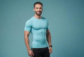 AI Generated An athletic man in a form-fitting aqua t-shirt stands with confidence, suggesting readiness for an active lifestyle. photo