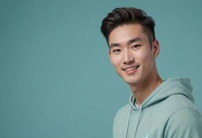 AI Generated A man in a mint hoodie smiles gently, presenting a casual yet stylish look, with the blue background enhancing his approachable vibe. photo
