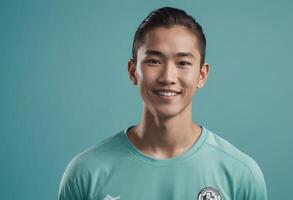 AI Generated A young man in a light blue shirt radiates joy with his gentle smile, standing against a blue background that complements his relaxed mood. photo