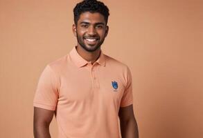 AI Generated A cheerful man dressed in a peach polo shirt poses with a confident smile, set against a complementary warm background. photo