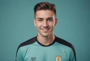 ai generado un joven masculino fútbol jugador soportes con confianza, deportivo su del equipo uniforme, con un suave azul antecedentes. su expresión es simpático y seguro de sí mismo. foto