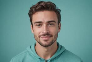 ai generado un joven hombre en un verde azulado encapuchado camisa de entrenamiento sonrisas suavemente, con un suave azul antecedentes mejorando su accesible apariencia. foto