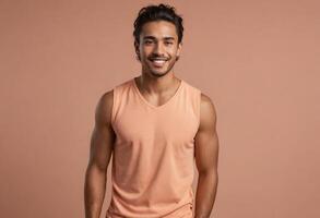 AI Generated A fit man in a sleeveless peach tank top stands relaxed, his athletic build and friendly smile highlighting a healthy, active lifestyle. photo