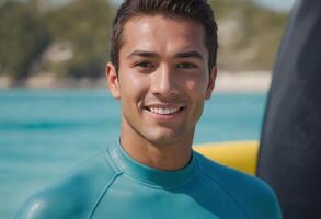 AI Generated A man in a teal wetsuit with a bright smile, standing by the sea, portrays a sporty and adventurous lifestyle. photo