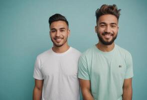 ai generado dos hombres en pie lado por lado, sonriente, uno en un blanco tee y el otro en un menta tee, en contra un azul fondo, representando amistad y felicidad. foto