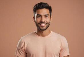 ai generado un hombre con un bien arreglado barba sonrisas en un melocotón camisa, su simpático comportamiento conjunto en contra un calentar fondo. foto