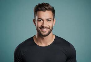 AI Generated A fit man in a black athletic shirt smiles broadly, his sculpted features and friendly aura highlighted against a blue background. photo