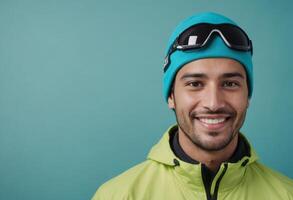 ai generado un hombre en esquí gafas de protección y un Lima verde chaqueta Deportes un juguetón sonrisa, Listo para un invierno aventuras en contra un frio azul antecedentes. foto