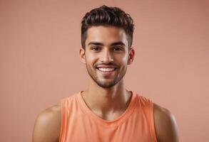 AI Generated A fit man with a bright smile wears an orange tank top, suggesting an energetic and healthy lifestyle. photo