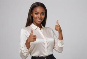 AI Generated A professional young black woman in business attire showing thumbs up, signaling success and confidence. photo