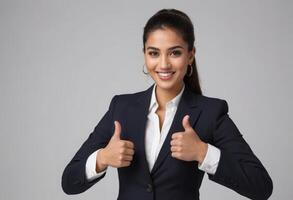 AI Generated A professional young woman in a business suit giving double thumbs up, signifying success and confidence. photo