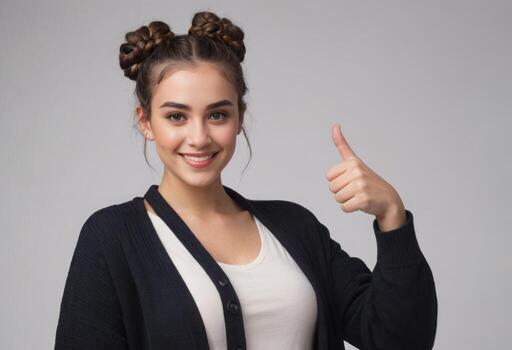 ai generado un joven mujer con estilizado pelo y casual atuendo dando un pulgares arriba. ella exuda confianza y amabilidad. foto