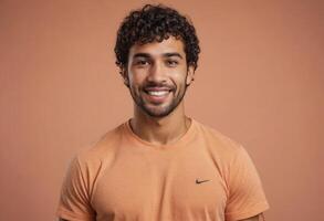 AI Generated A man with curly hair and a warm smile wears an orange sports tee, radiating a casual and approachable vibe. photo