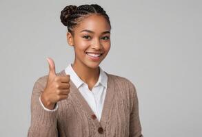 AI Generated A young woman in a cozy sweater shows a thumbs up, displaying a sense of agreement and friendliness. photo