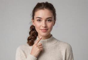 AI Generated A contemplative young woman in a white sweater gently touches her chin. Her look is pensive and her braid adds a youthful charm. photo