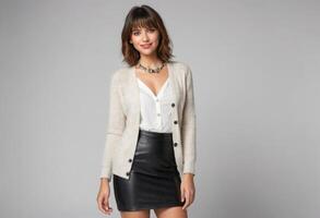 AI Generated A fashionable young woman in a chic cardigan and leather skirt, completed with a statement necklace, presenting a trendy look. photo