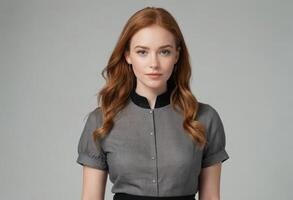 AI Generated A serene young redhead woman in a gray blouse, with a subtle smile, standing against a gray background. photo