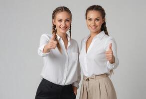 AI Generated Two happy young women dressed in white shirts giving thumbs up, showing friendship and approval. photo